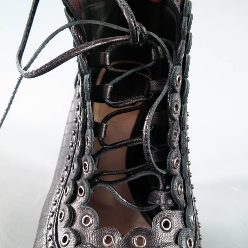 CHRISTIAN DIOR Size 6 Black Studded Lace up Leather Peep Toe MUSE Booties In Excellent Condition In San Francisco, CA
