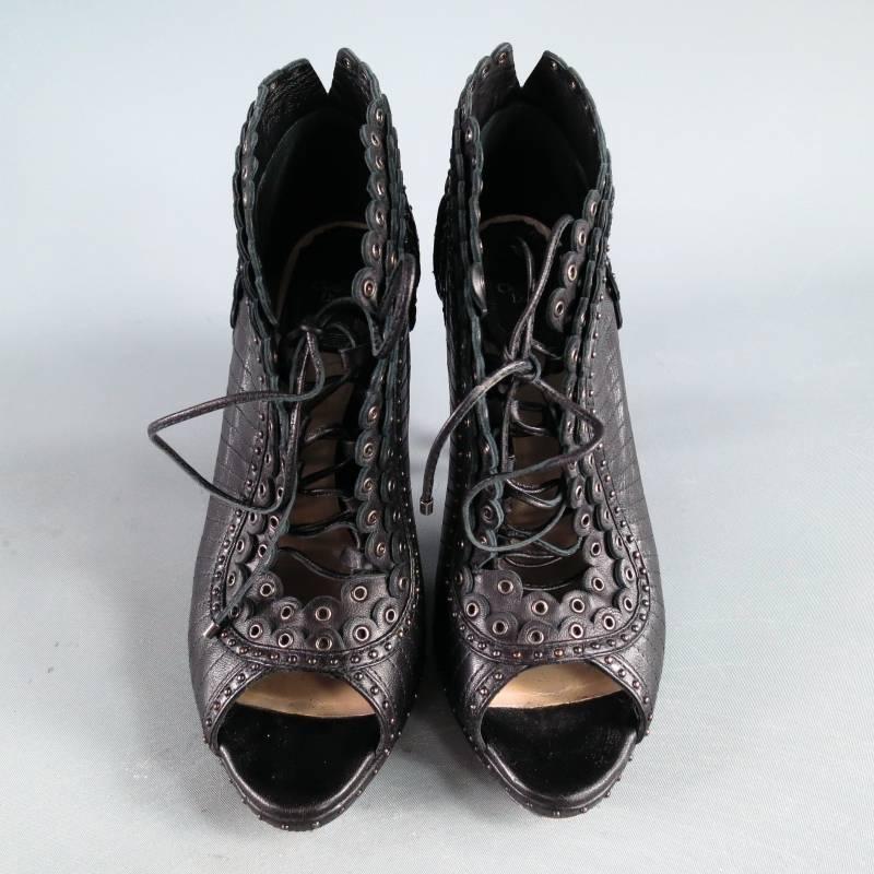 Women's CHRISTIAN DIOR Size 6 Black Studded Lace up Leather Peep Toe MUSE Booties