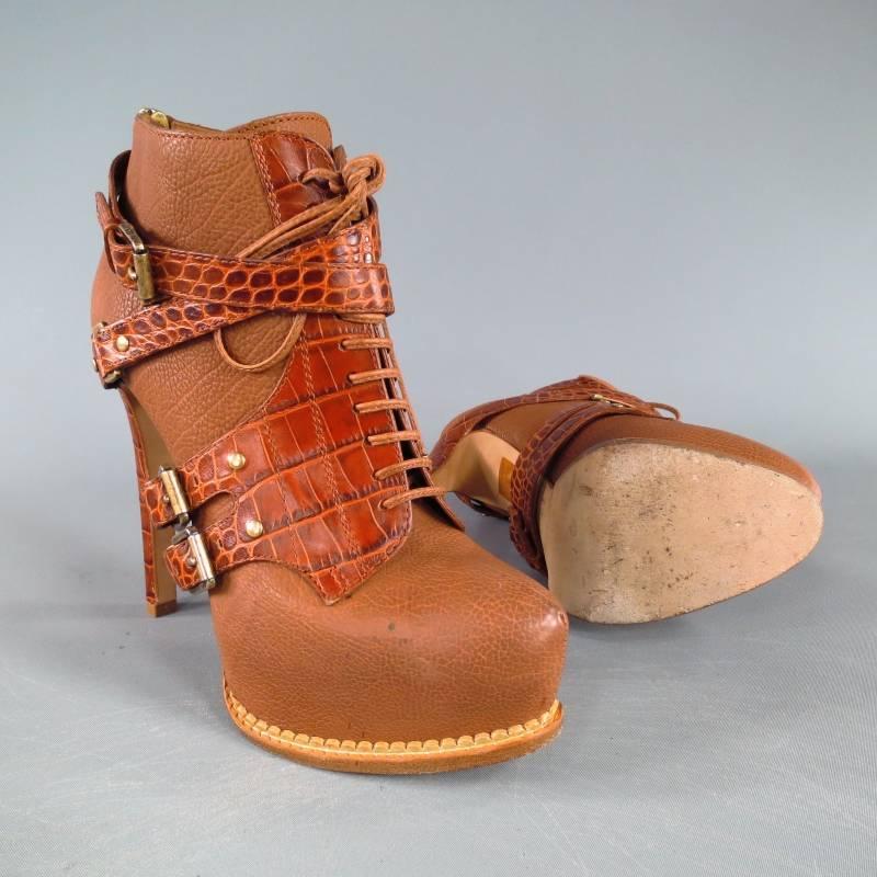 CHRISTIAN DIOR -CAVALIERE- Size 6 Brown Leather Low Platform Harness Boots 1