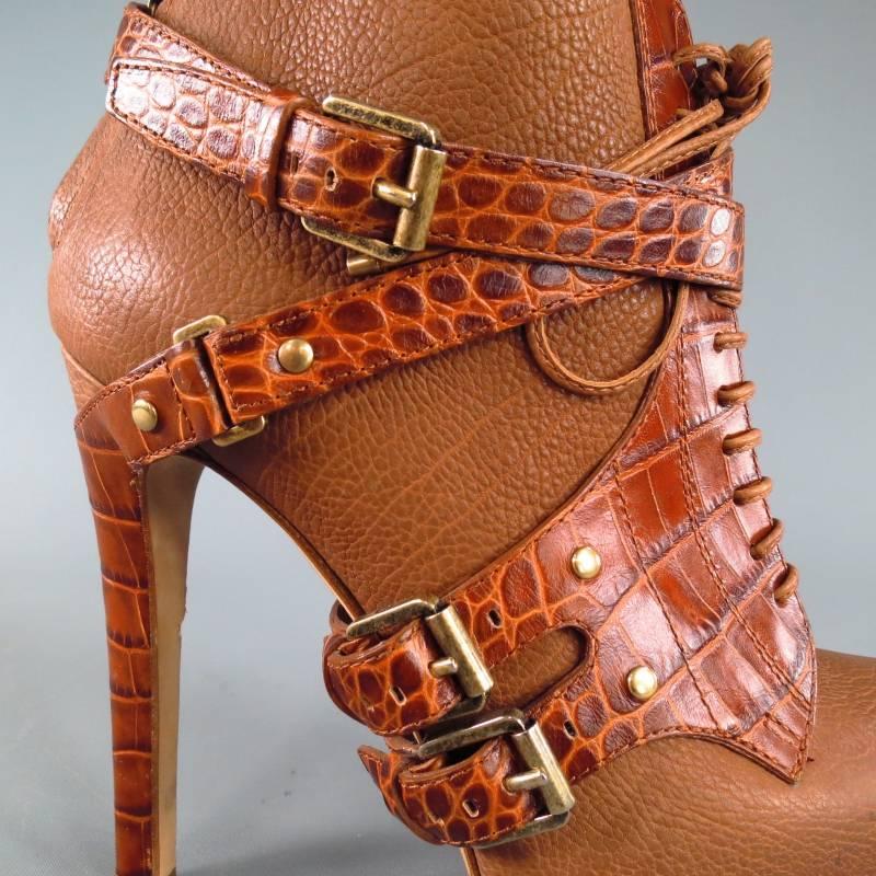 CHRISTIAN DIOR -CAVALIERE- Size 6 Brown Leather Low Platform Harness Boots 3