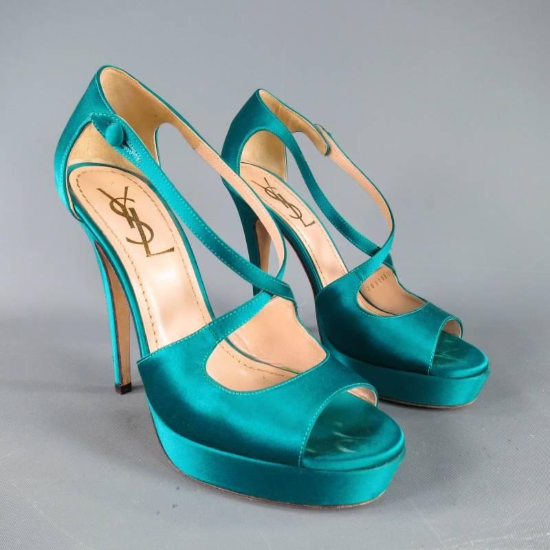 YVES SAINT LAURENT Size 6 Turquoise Silk Cross Strap -TRIBUTE 105- Sandals 2