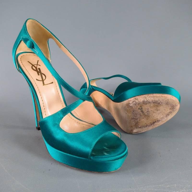 Women's YVES SAINT LAURENT Size 6 Turquoise Silk Cross Strap -TRIBUTE 105- Sandals