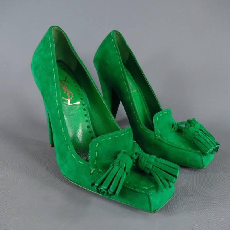 YVES SAINT LAURENT Size 6 Green Suede Tassels -Saint GERMAN- Pumps In Excellent Condition In San Francisco, CA