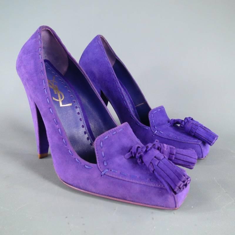 Fabulous square toe loafer pumps Saint German by YVES SAINT LAURENT. An ultra chic retro style for the modern fashionista these come in a bold royal purple suede and feature a loafer style toe box with tassel detail, top stitching, and diamond