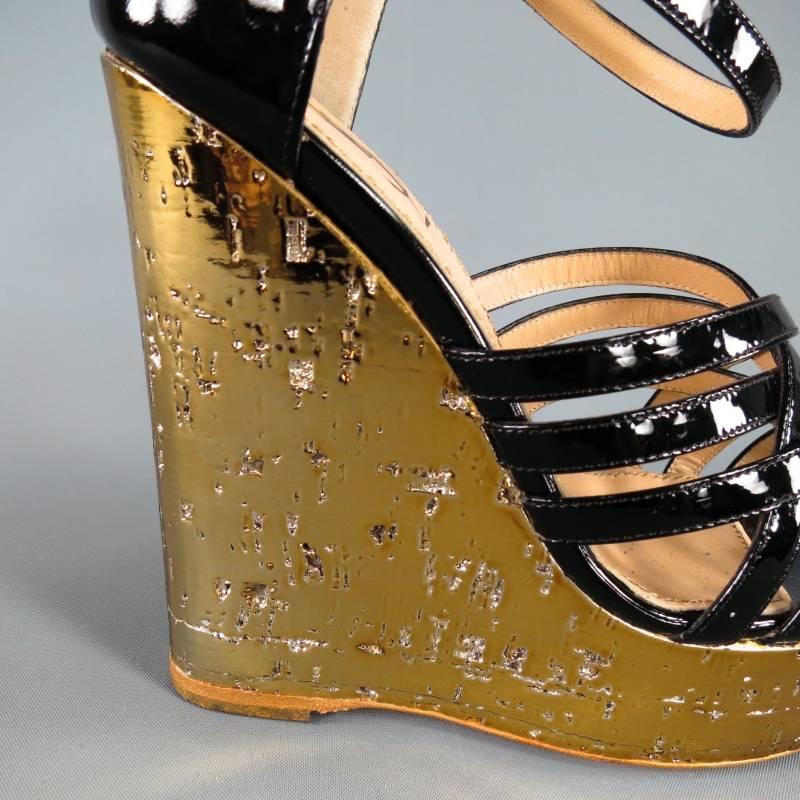 Yves Saint Laurent Black Patent Leather Woven Strap Gold IDOLE wedges     In New Condition In San Francisco, CA