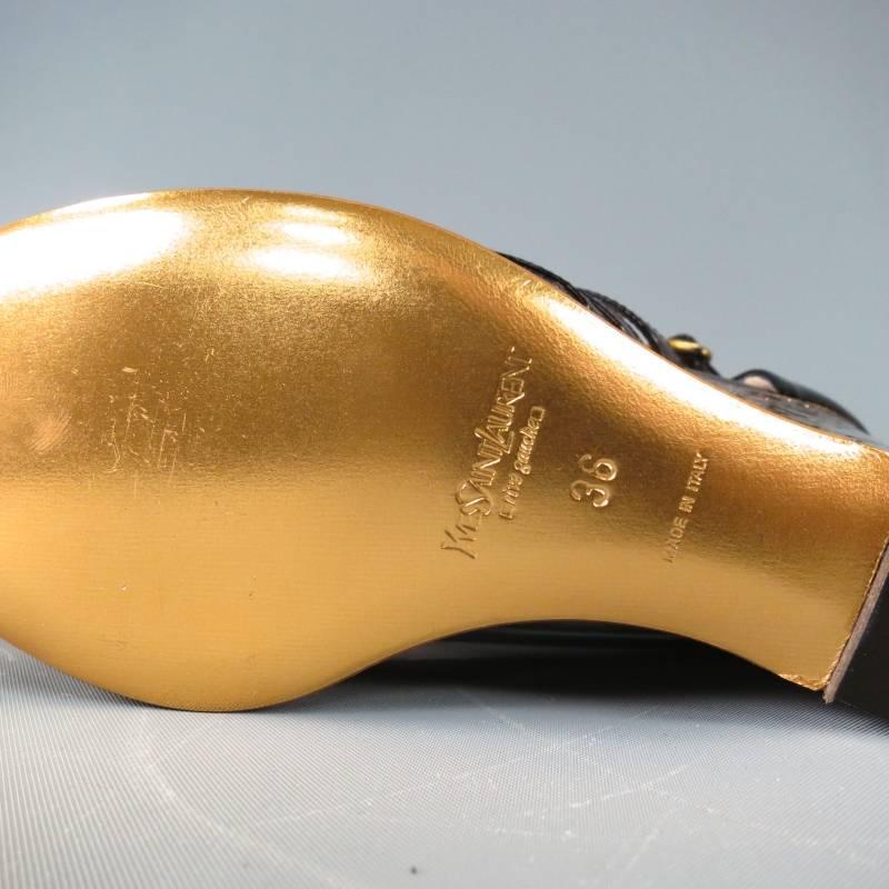 Women's Yves Saint Laurent Black Patent Leather Woven Strap Gold IDOLE wedges    