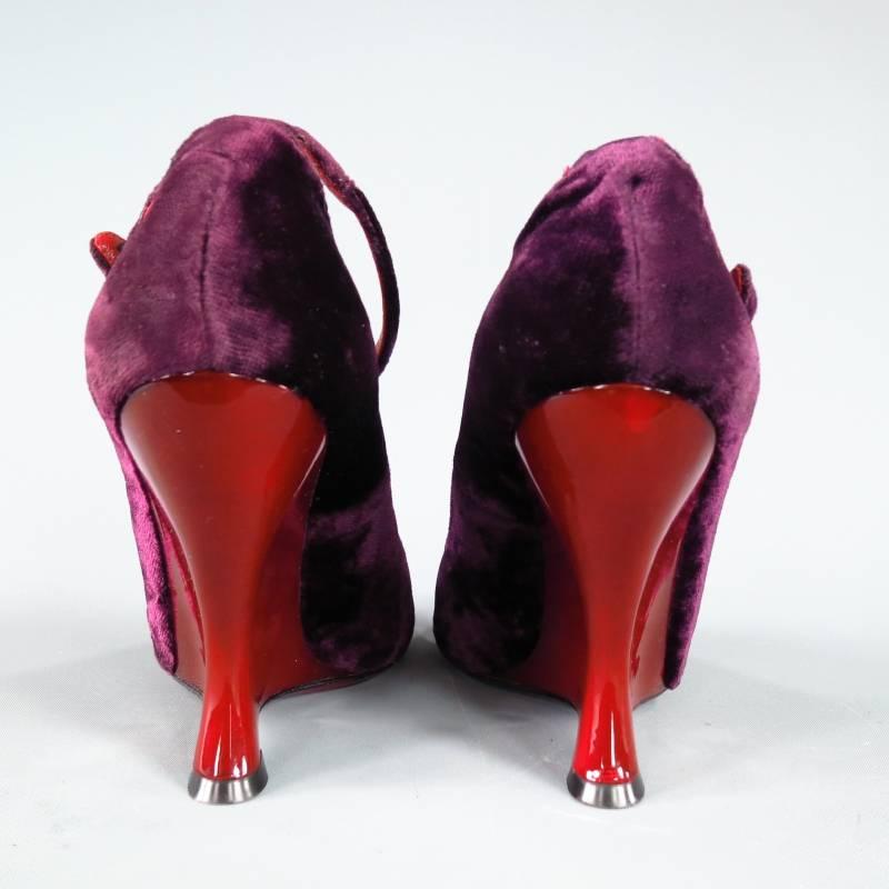 Black YVES SAINT LAURENT Size 6 Purple Velvet Peep Toe Curved Red Wedge -TAITAI- Pumps