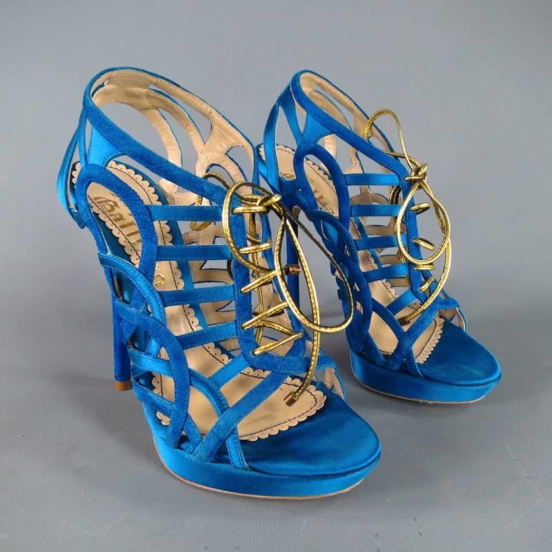 John Galliano Aqua Blue Silk and Suede Platform Gold Lace Up Platform Sandals 1