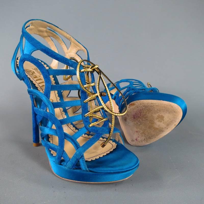 John Galliano Aqua Blue Silk and Suede Platform Gold Lace Up Platform Sandals In Excellent Condition In San Francisco, CA