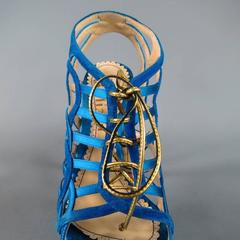 John Galliano Aqua Blue Silk and Suede Platform Gold Lace Up Platform Sandals