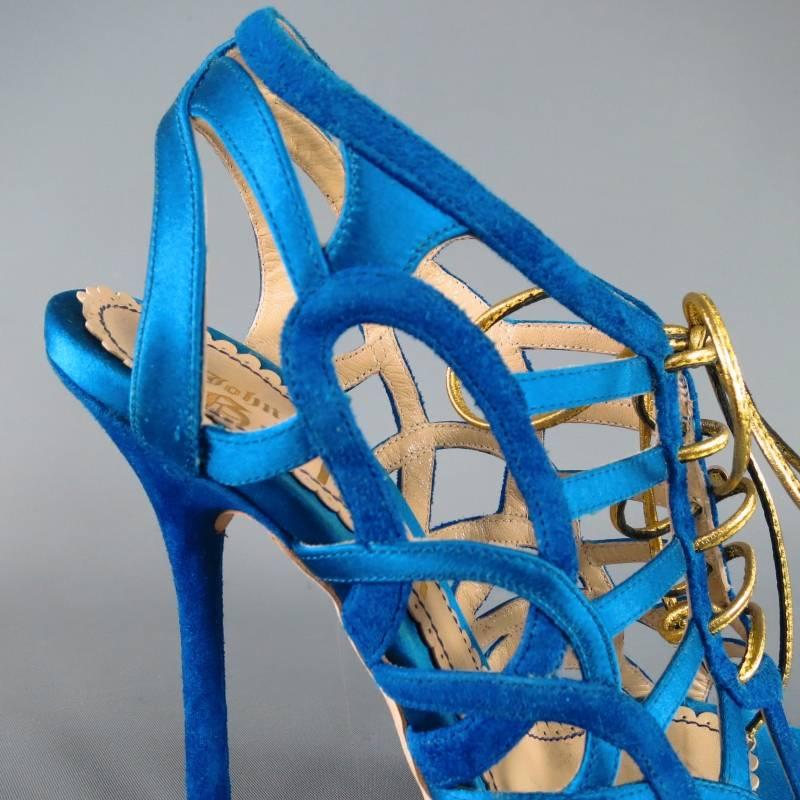 Women's John Galliano Aqua Blue Silk and Suede Platform Gold Lace Up Platform Sandals