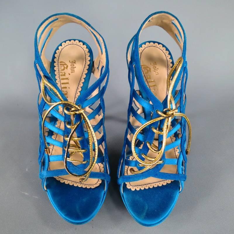 John Galliano Aqua Blue Silk and Suede Platform Gold Lace Up Platform Sandals 3