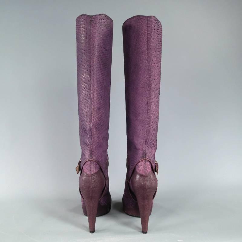 CHRISTIAN DIOR Size 6.5 Purple Python Knee High Harness Boots In Good Condition In San Francisco, CA