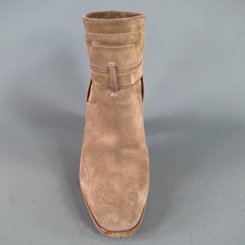 CHRISTIAN DIOR Size 6 Beige Suede Thick Heel Harness Boots In Excellent Condition In San Francisco, CA