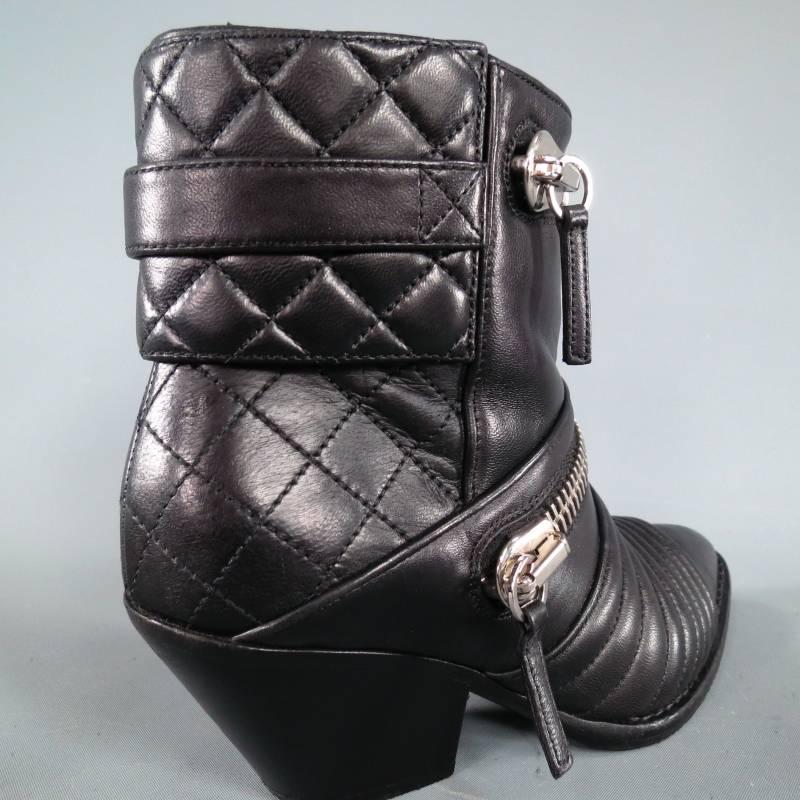 Women's GIUSEPPE ZANOTTI Size 6.5 Black Leather Zip Detail Quilted Ankle Boots