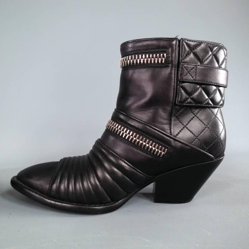 GIUSEPPE ZANOTTI Size 6.5 Black Leather Zip Detail Quilted Ankle Boots 1