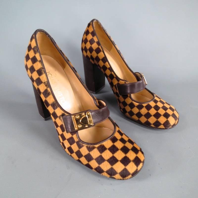 Black LOUIS VUITTON Size 6 Beige Brown Checkered Pony Hair Glod Buckle Mary Jane Pumps