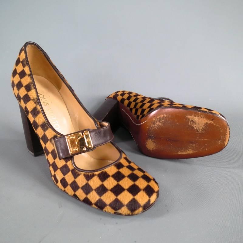 LOUIS VUITTON Size 6 Beige Brown Checkered Pony Hair Glod Buckle Mary Jane Pumps In Excellent Condition In San Francisco, CA