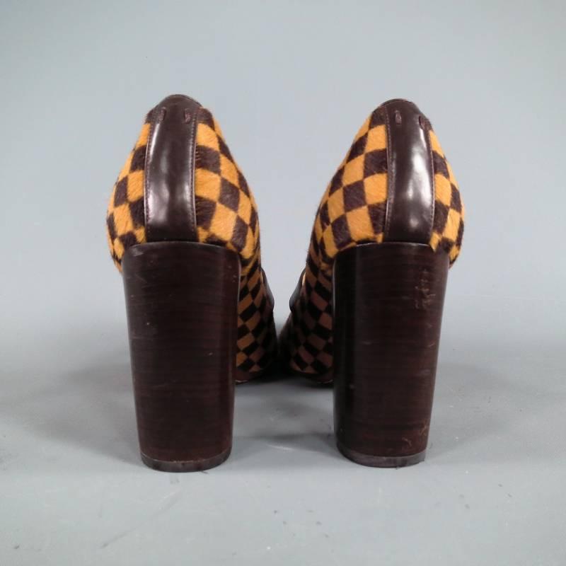 Women's LOUIS VUITTON Size 6 Beige Brown Checkered Pony Hair Glod Buckle Mary Jane Pumps
