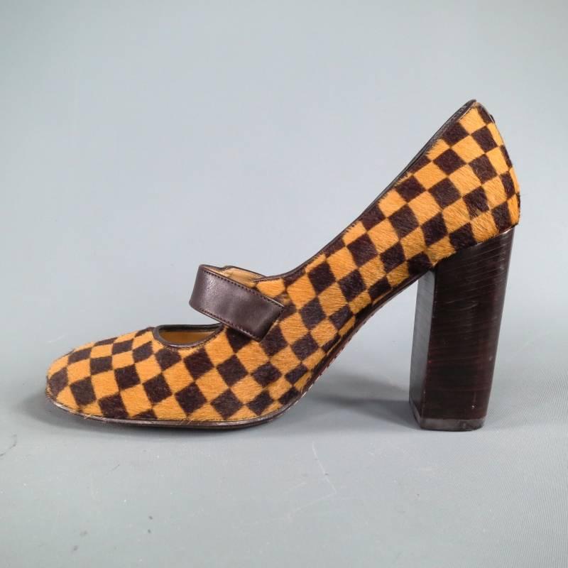 LOUIS VUITTON Size 6 Beige Brown Checkered Pony Hair Glod Buckle Mary Jane Pumps 3