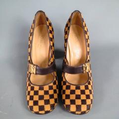 LOUIS VUITTON Size 6 Beige Brown Checkered Pony Hair Glod Buckle Mary Jane Pumps