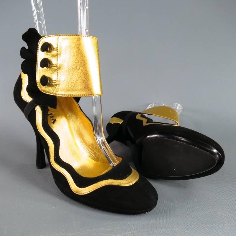 Fabulous Spring 2008 Fairy Collection statement pumps by PRADA.  From one of the fashion house's most memorable moments in collaboration with artist James Jean, this  rare and coveted style comes in black suede and features metallic gold leather