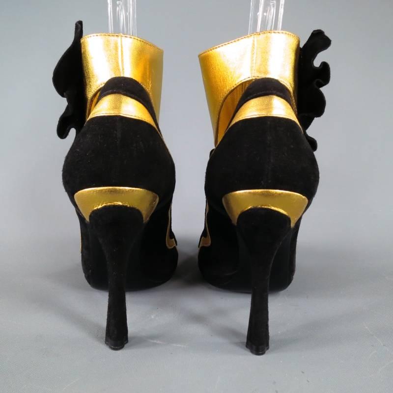 Women's Prada Black and Gold Suede Ankle Ruffle Cuff Metallic Pumps S / S 2008