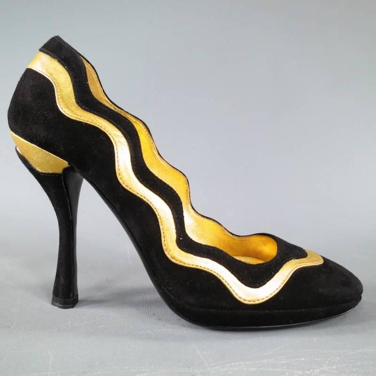 Prada Black and Gold Suede Ankle Cuff Metallic Pumps S / S 2008 Sale at 1stDibs | black and pumps, metallic gold pumps, prada shoes 2008