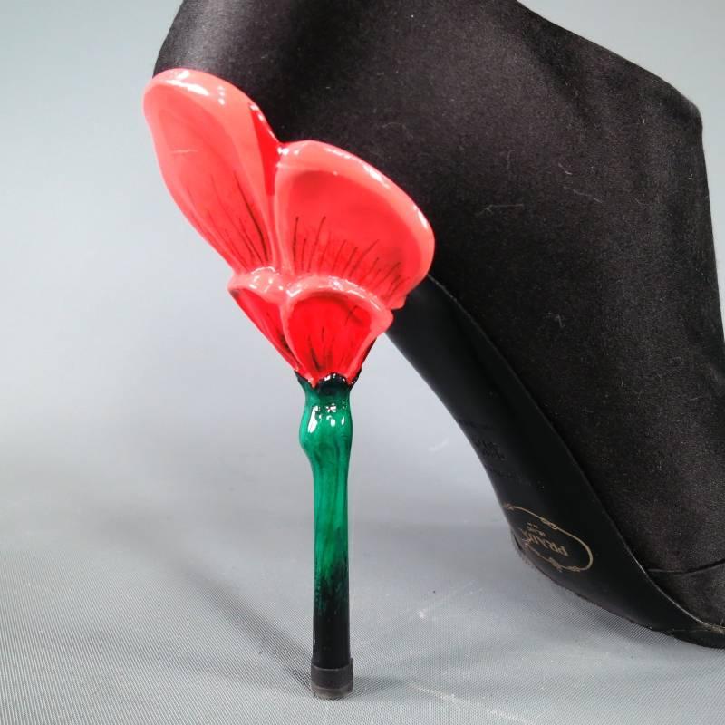 Women's PRADA Size 6.5 Black Silk Peep Toe Flower Heel Booties Spring 2008