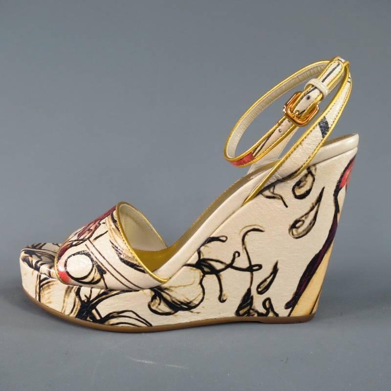 PRADA Size 6 White Patent Leather Fairy Print Ankle Strap Wedges Spring 2008 3