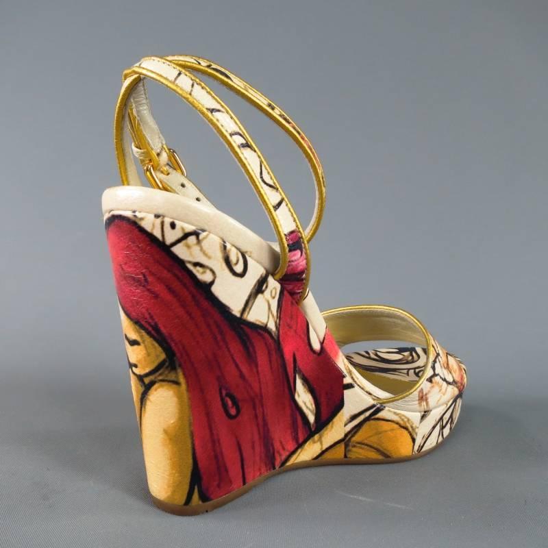 Gorgeous Spring 2008 Fairy Collection platform wedge sandals by PRADA. From one of the most memorable moments at Prada, this rare and coveted style comes in fairy printed white patent leather in collaboration with artist James Jean and features