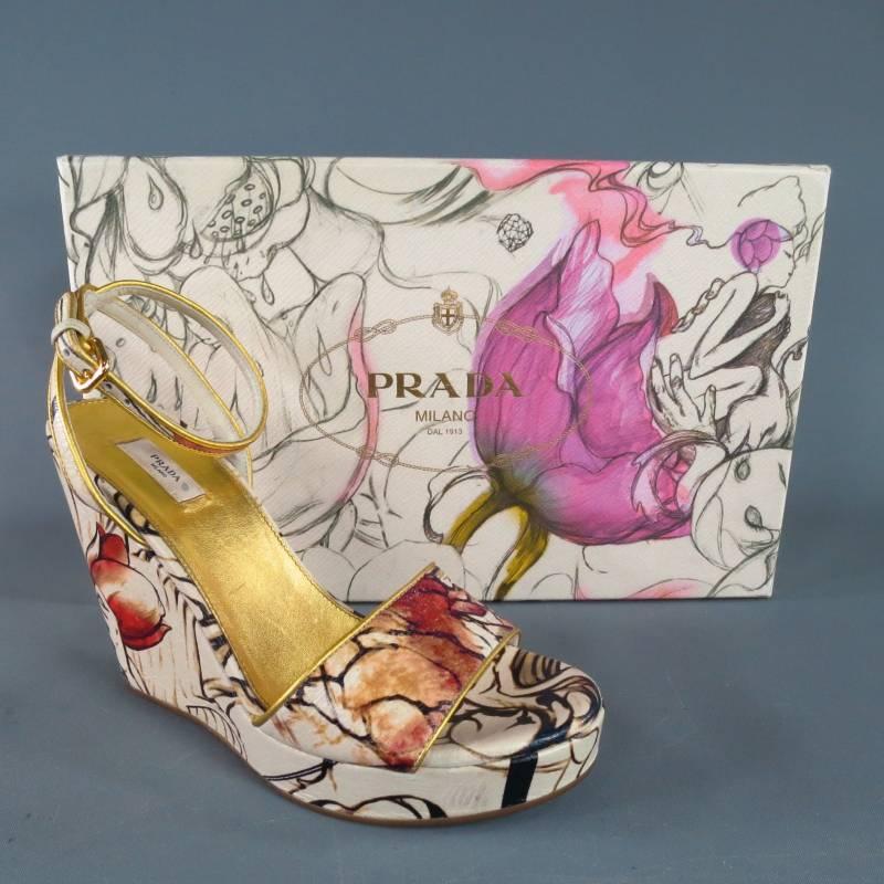 PRADA Size 6 White Patent Leather Fairy Print Ankle Strap Wedges Spring 2008 6