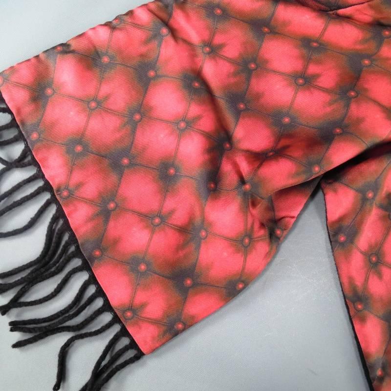 Alexander Mcqueen Red Tufted Print Satin Fringe Scarf In Excellent Condition In San Francisco, CA