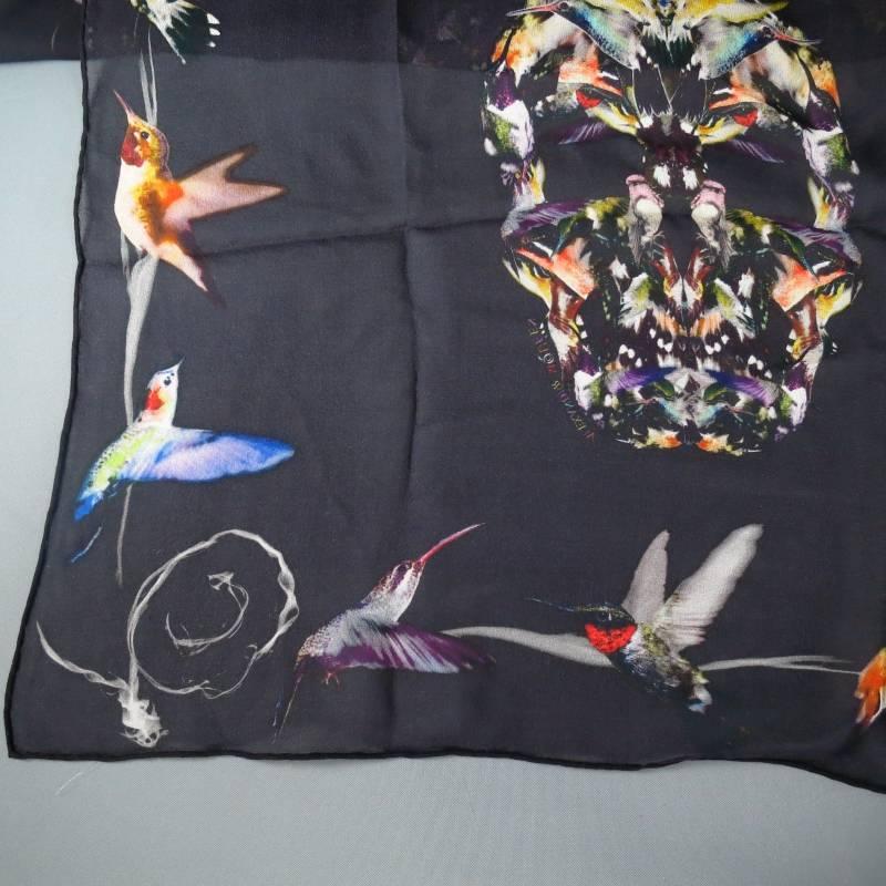 ALEXANDER MCQUEEN Black Rainbow Bird Skull Print Chiffon Scarf 1