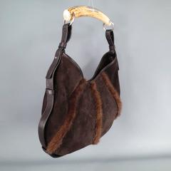 YVES SAINT LAURENT by TOM FORD Brown Suede & Fur Mombasa Horn Handle Handbag
