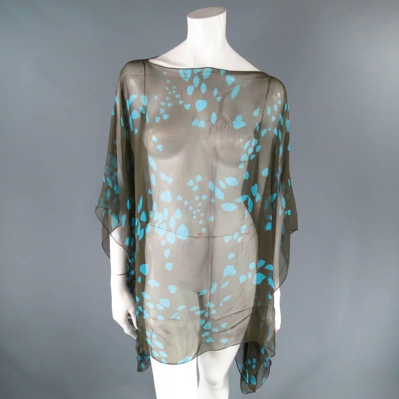 Yves Saint Laurent Green and Blue Lip Print Chiffon Scarf Shawl Top In Excellent Condition In San Francisco, CA