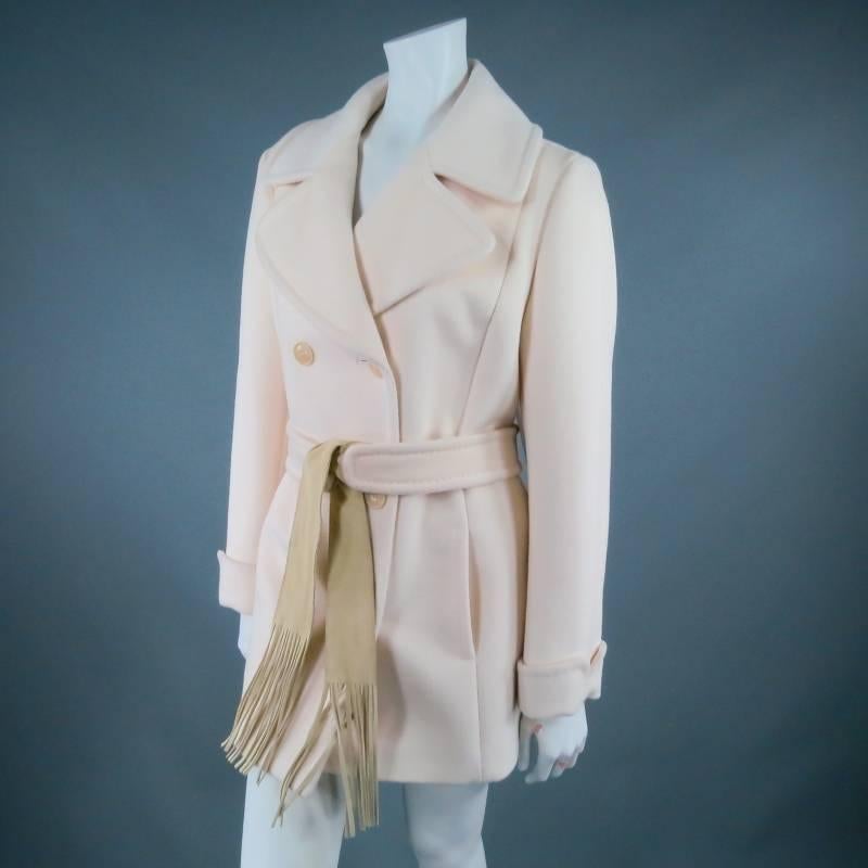 Gray MAX MARA Size 14 Cream Wool Blend Suede Fringe Belt Double Breasted Pea Coat