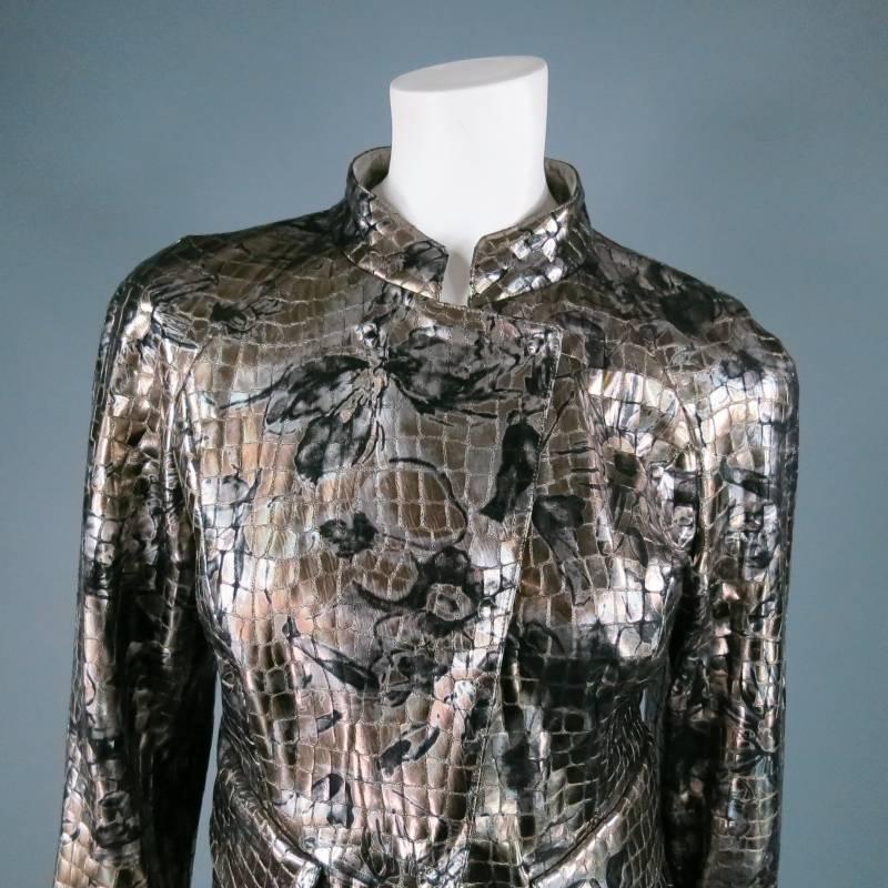 Women's GIORGIO ARMANI Size 6 Silver floaral Crocodile Textured Metallic Leather Jacket