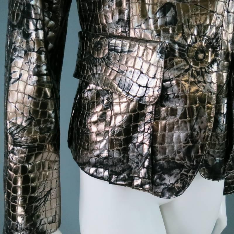 GIORGIO ARMANI Size 6 Silver floaral Crocodile Textured Metallic Leather Jacket 3