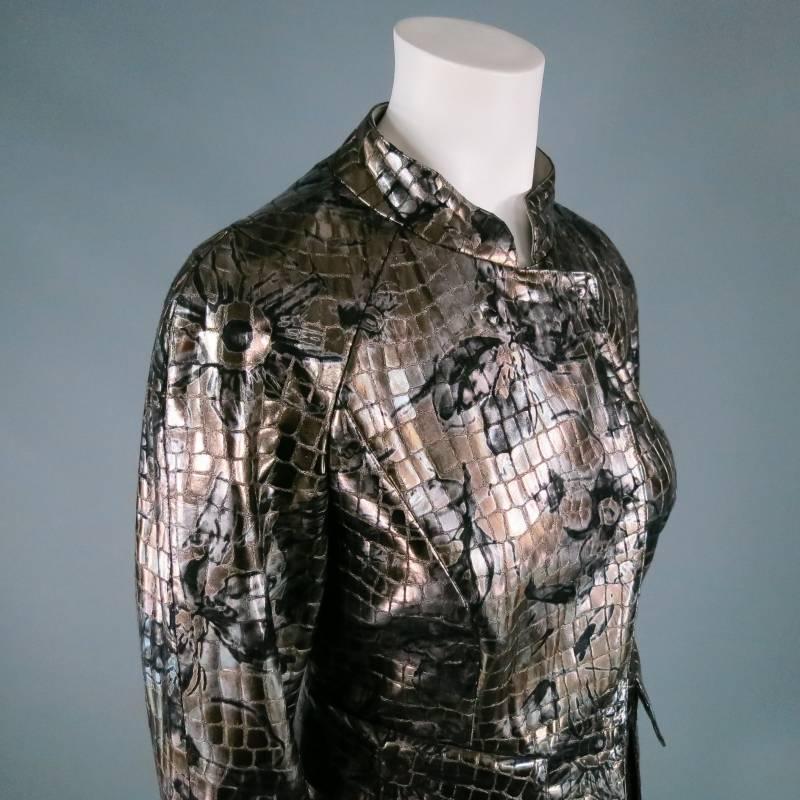 GIORGIO ARMANI Size 6 Silver floaral Crocodile Textured Metallic Leather Jacket In Excellent Condition In San Francisco, CA
