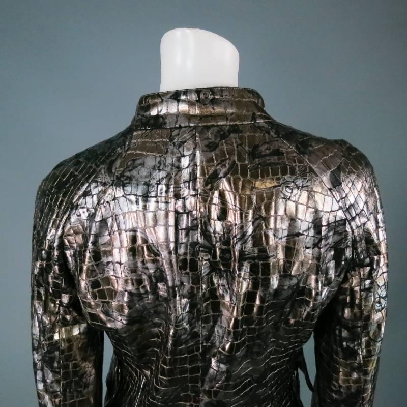 GIORGIO ARMANI Size 6 Silver floaral Crocodile Textured Metallic Leather Jacket 4