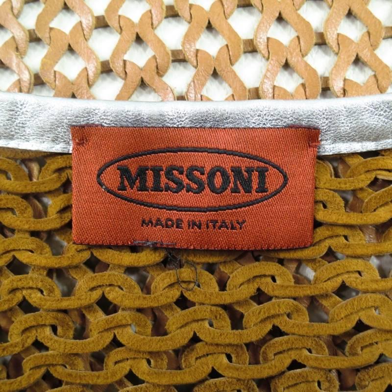 MISSONI Size M Tan Leather Woven Mesh Silver Piping Coat 4
