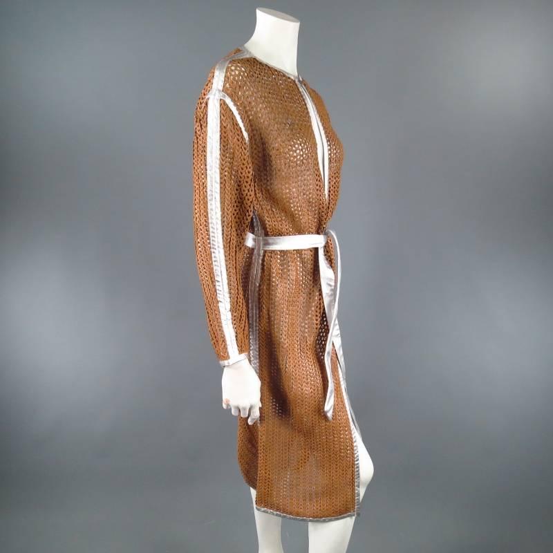 MISSONI Size M Tan Leather Woven Mesh Silver Piping Coat 2