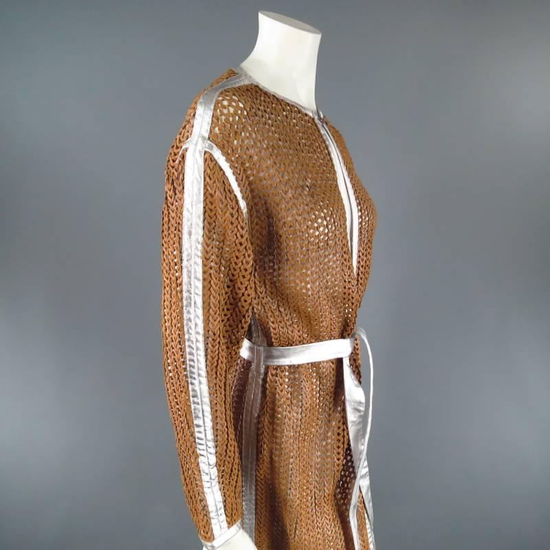 Brown MISSONI Size M Tan Leather Woven Mesh Silver Piping Coat