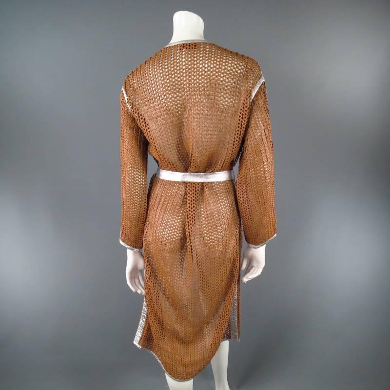 Women's MISSONI Size M Tan Leather Woven Mesh Silver Piping Coat