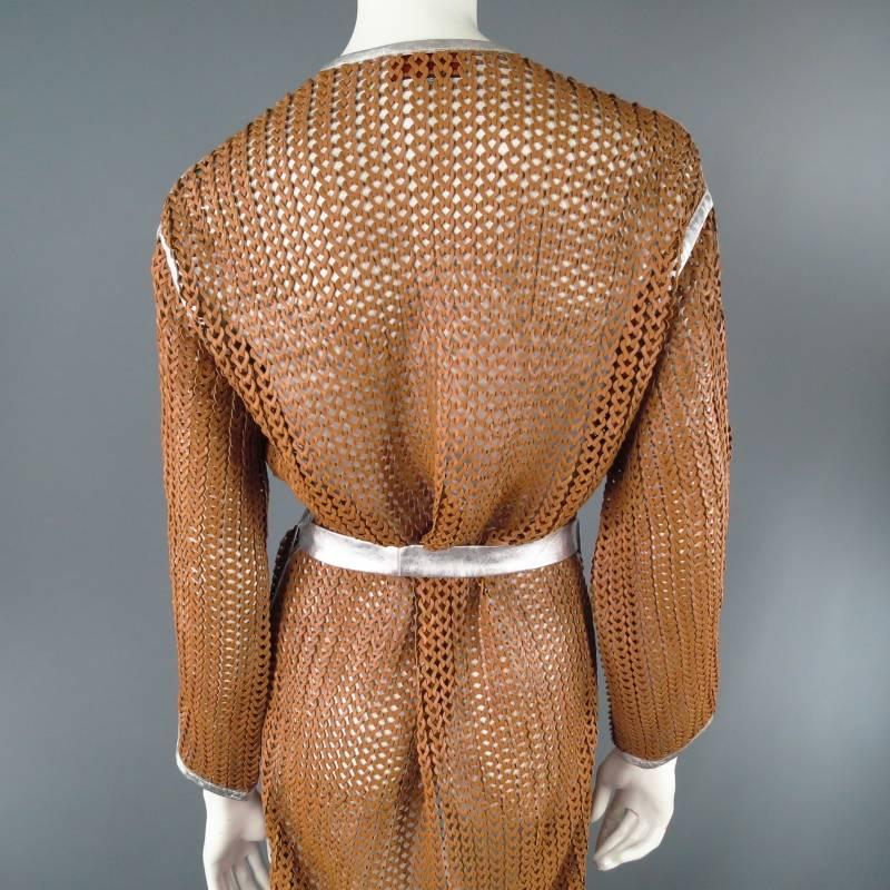 MISSONI Size M Tan Leather Woven Mesh Silver Piping Coat 3