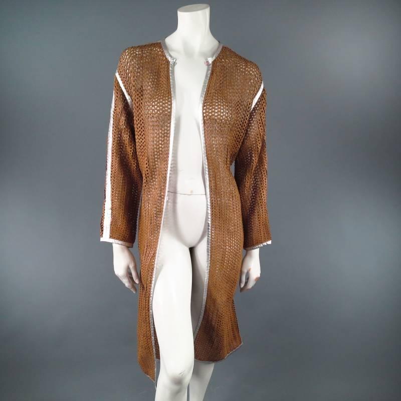 MISSONI Size M Tan Leather Woven Mesh Silver Piping Coat In Excellent Condition In San Francisco, CA