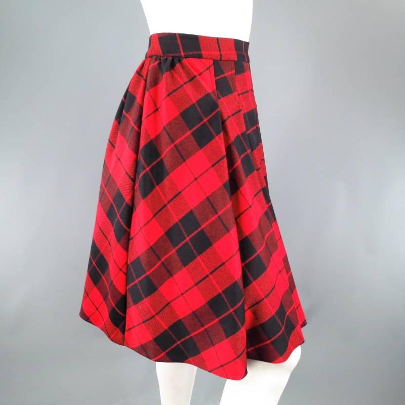 D&G Size 2 Red & Black Plaid Lana Wool Pleated Crinoline Skirt 1