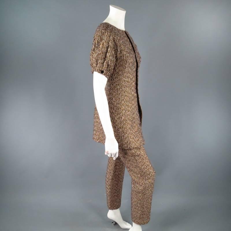 YVES SAINT LAURENT Size 6 Metallic Gold Tweed Pants and Puff Sleeve Jacket Set In New Condition In San Francisco, CA