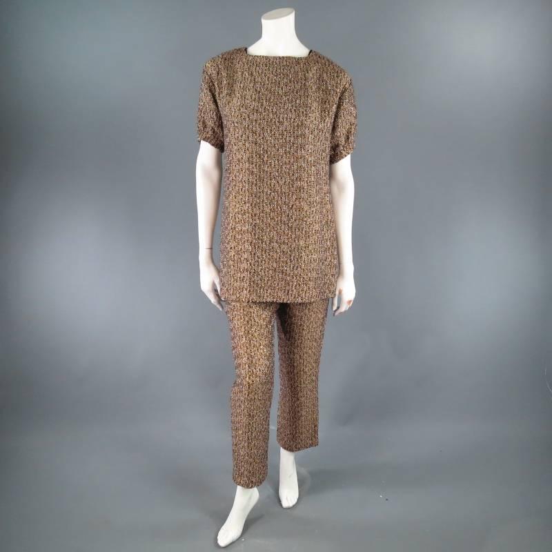 Brown YVES SAINT LAURENT Size 6 Metallic Gold Tweed Pants and Puff Sleeve Jacket Set